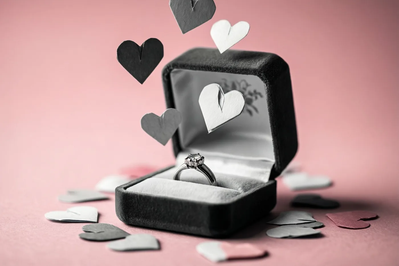 Een open zwart fluwelen doosje met een diamanten verlovingsring staat op een zachtroze ondergrond, omringd door vallende en verspreide papieren hartjes in zwart, wit en roze.