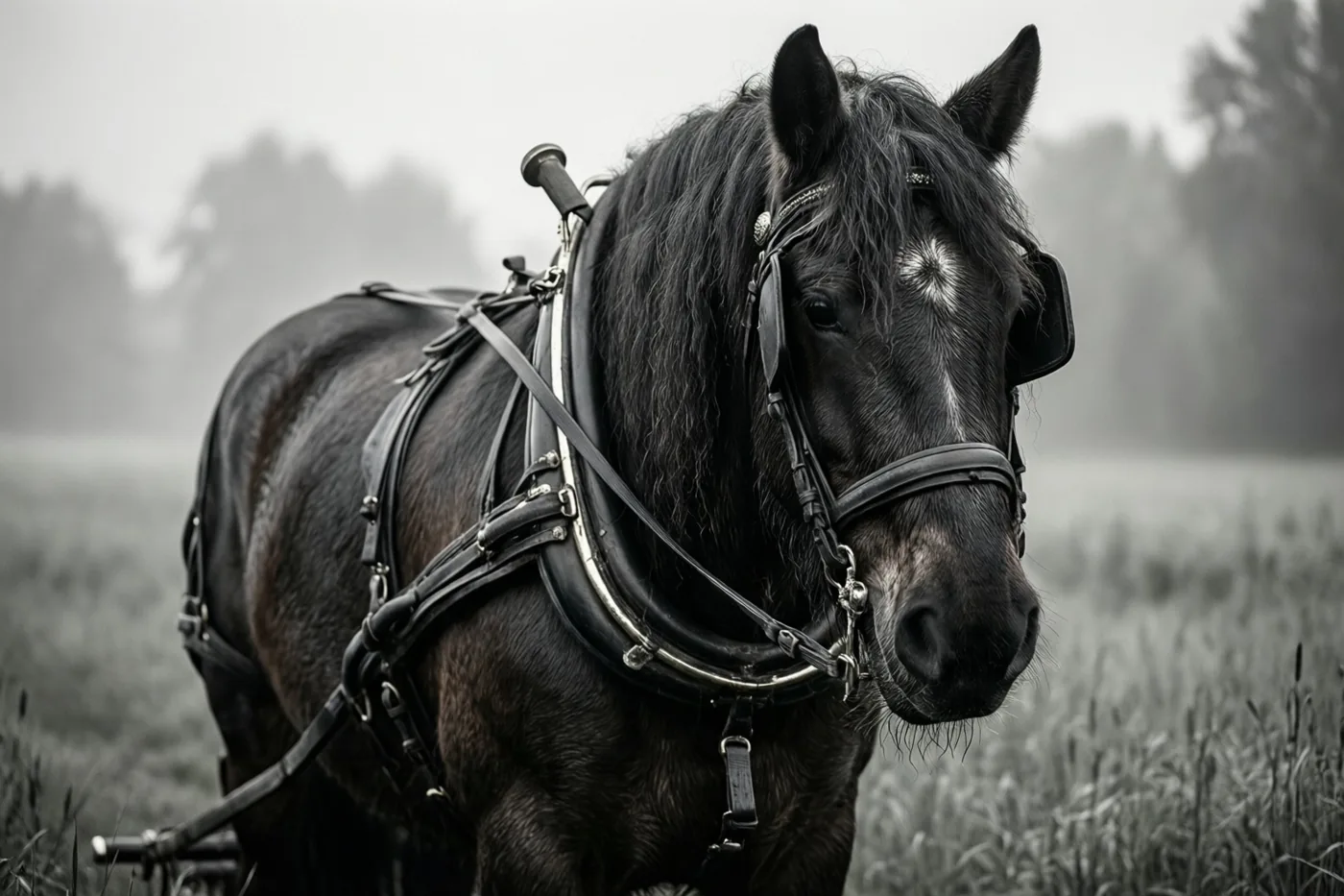 Een zwart trekpaard met een tuig staat in een mistige weide op een monochrome foto.