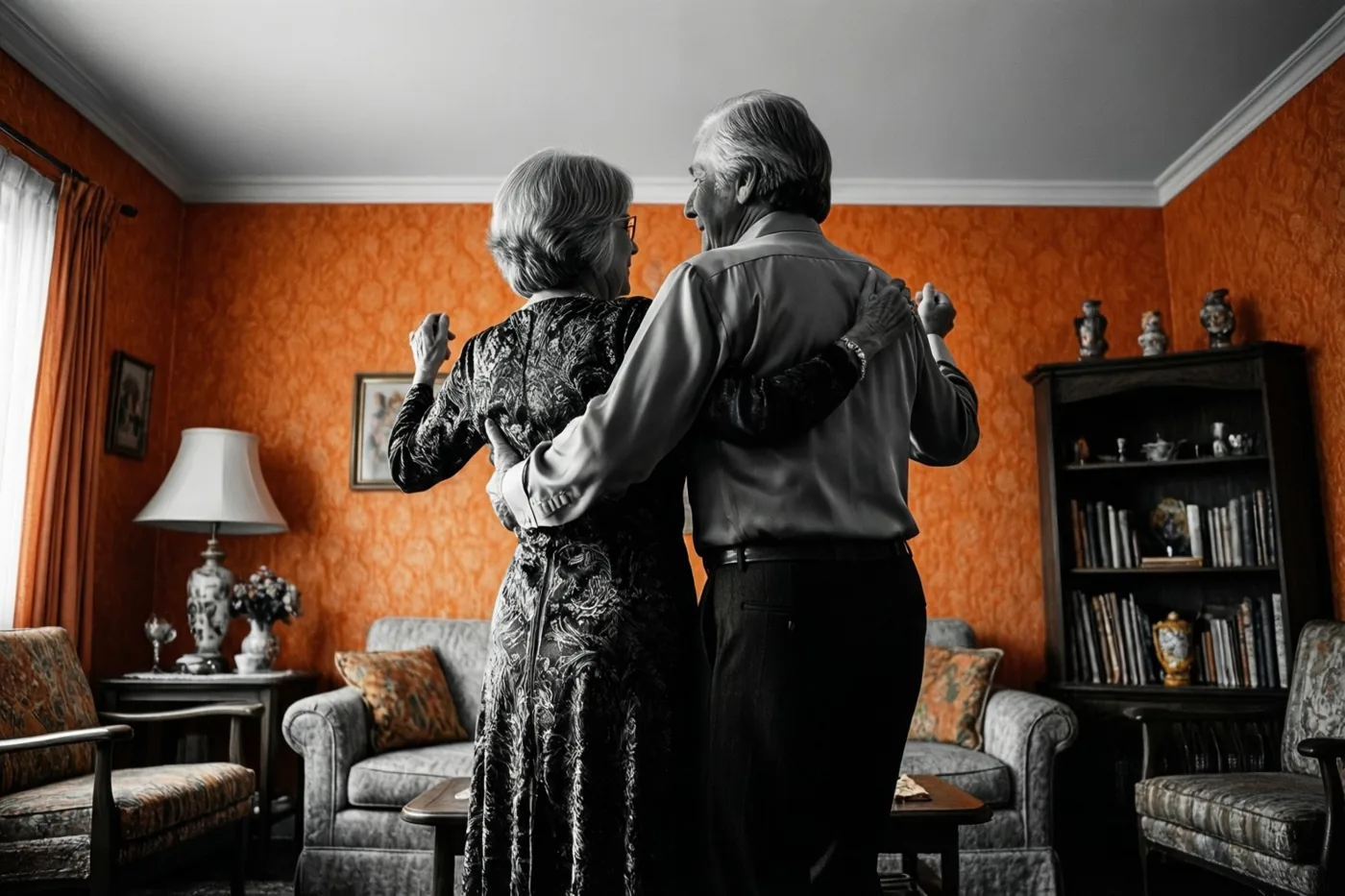 Een ouder koppel danst, van achteren gezien, in een woonkamer waar het koppel en de meubels in zwart-wit zijn weergegeven tegen feloranje muren met patroonbehang.