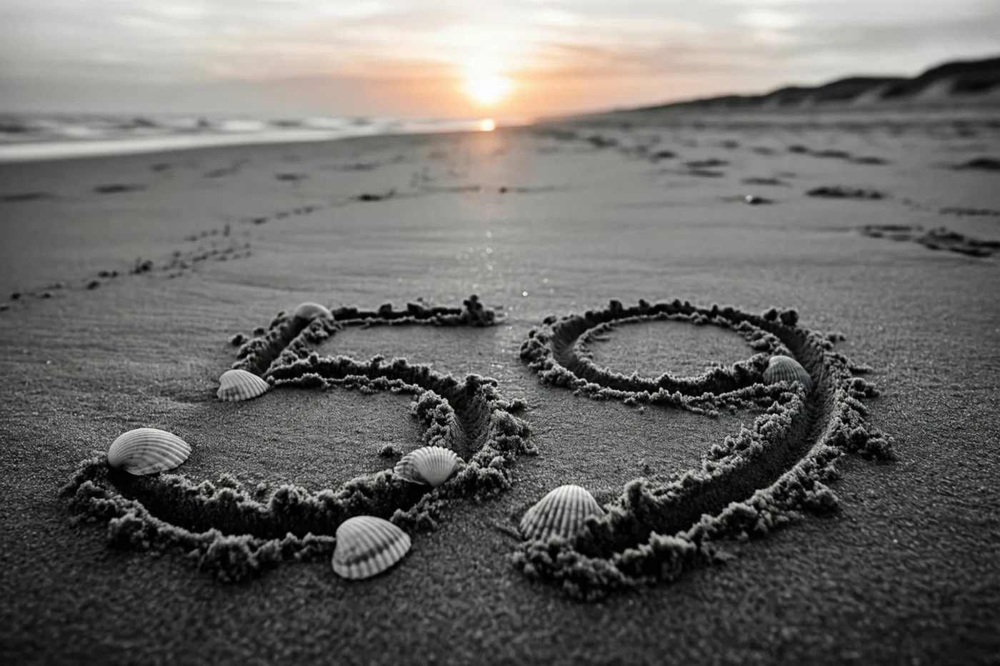 Het getal 59 is in strandzand getekend met schelpen errond, in een zwart-witbeeld met een warme zonsondergang op de achtergrond.