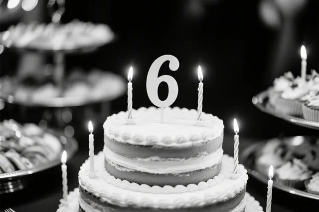 Een zwart-witfoto toont een verjaardagstaart met meerdere lagen, een papieren 6 en brandende kaarsen op een feestbuffet met andere desserts op de achtergrond.