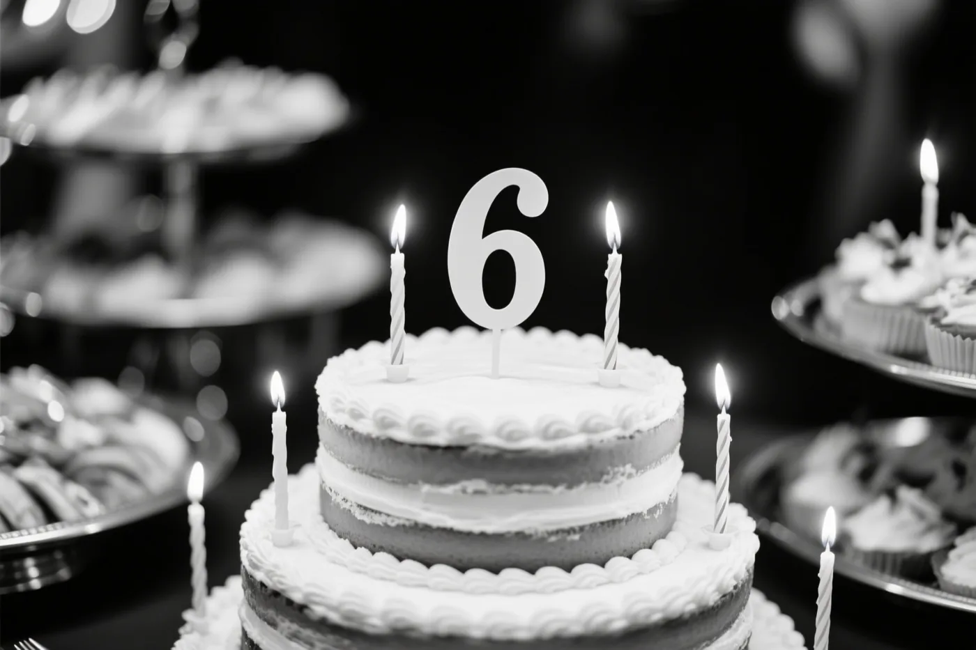 Een zwart-witfoto toont een verjaardagstaart met meerdere lagen, een papieren 6 en brandende kaarsen op een feestbuffet met andere desserts op de achtergrond.