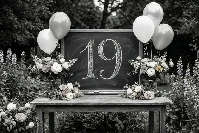 Een zwart-witfoto toont een krijtbord met 19 in wit krijt op een houten tuintafel, omringd door bloemstukken en ballonnen.