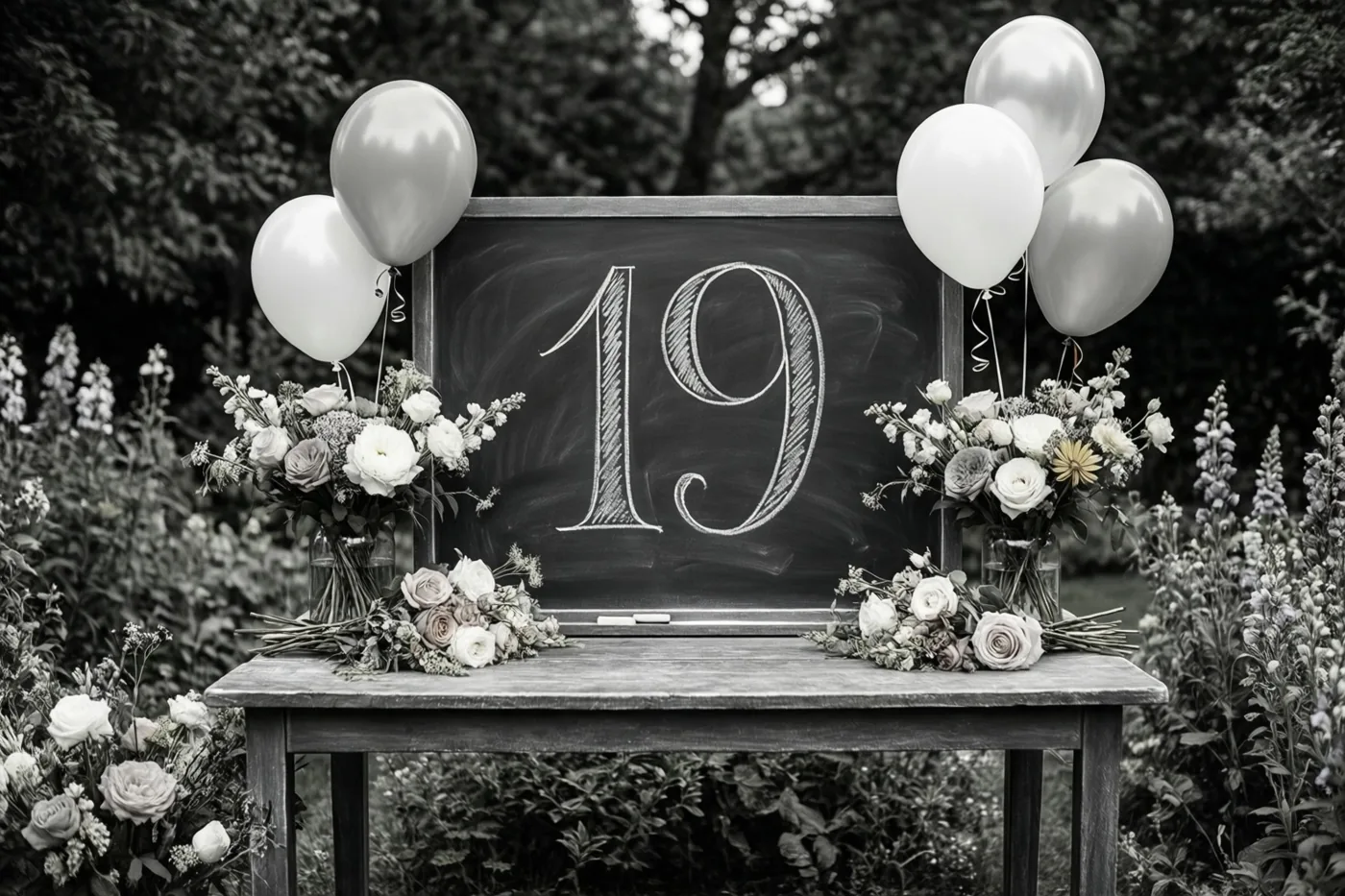 Een zwart-witfoto toont een krijtbord met 19 in wit krijt op een houten tuintafel, omringd door bloemstukken en ballonnen.
