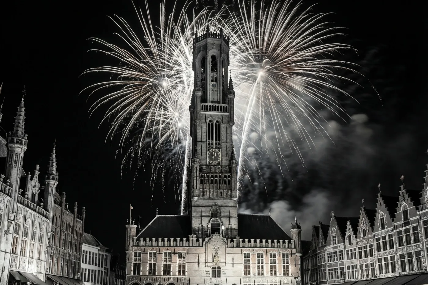 Op een zwart-witfoto spat vuurwerk uiteen boven een historisch belfort op een Vlaams marktplein met traditionele gebouwen.