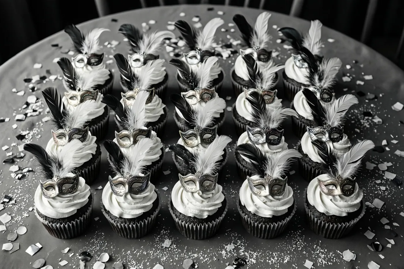 Op een tafel met zwarte en witte confetti staan veel cupcakes met witte topping, zwart-witte veren en kleine maskers in een volledig zwart-wit beeld.