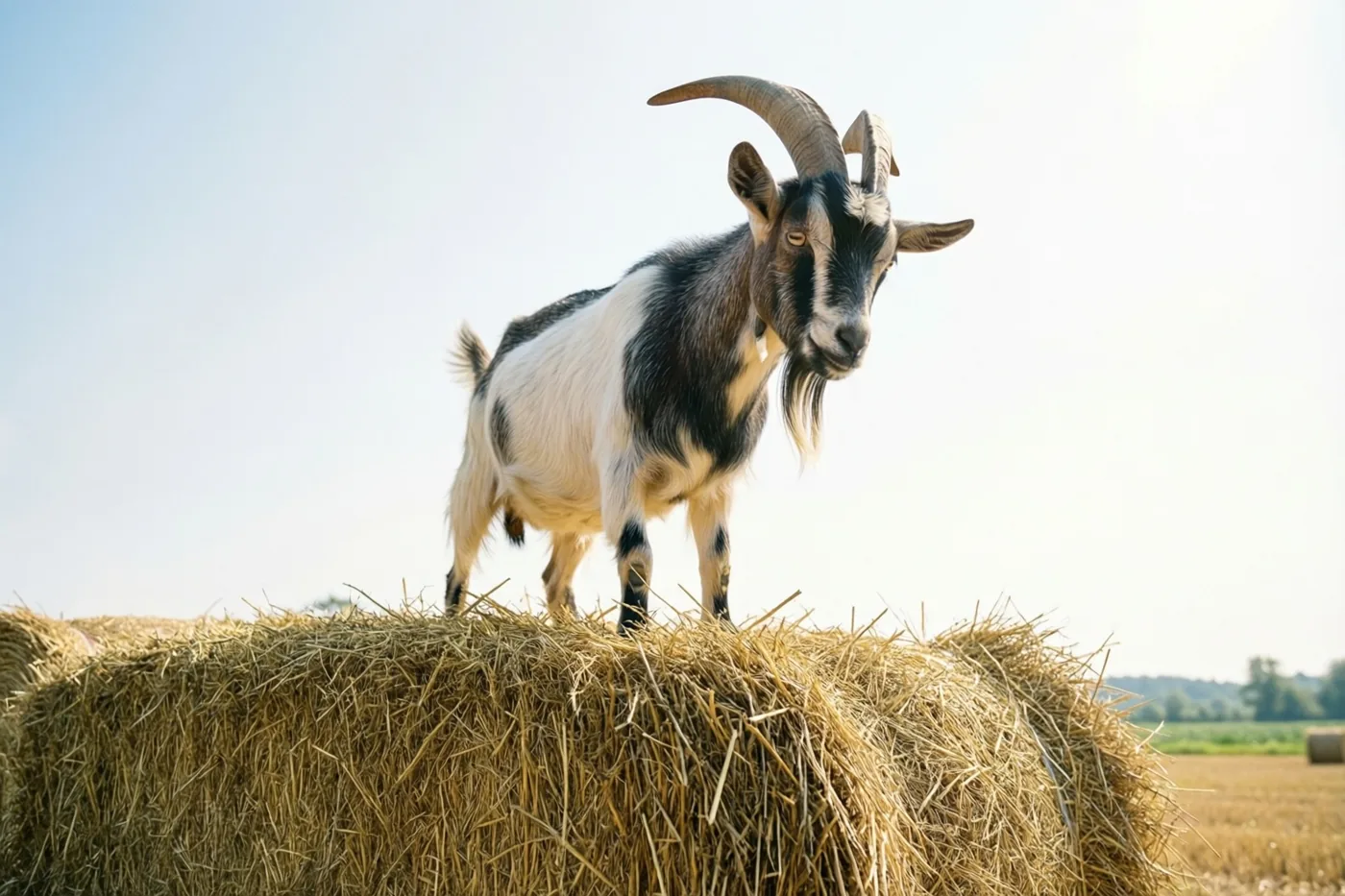 Een zwart-witte geit met gebogen horens staat op een grote goudgele hooibaal en kijkt naar beneden, in een veld onder een lichtblauwe lucht.