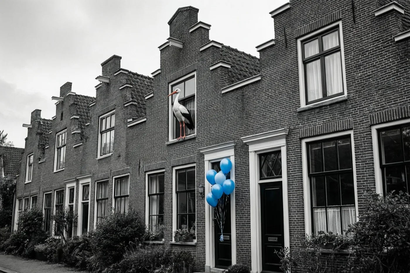 Een rij bakstenen huizen met trapgevels is in zwart-wit weergegeven, terwijl een ooievaarsfiguur voor een raam en blauwe ballonnen aan een deur kleur behouden.