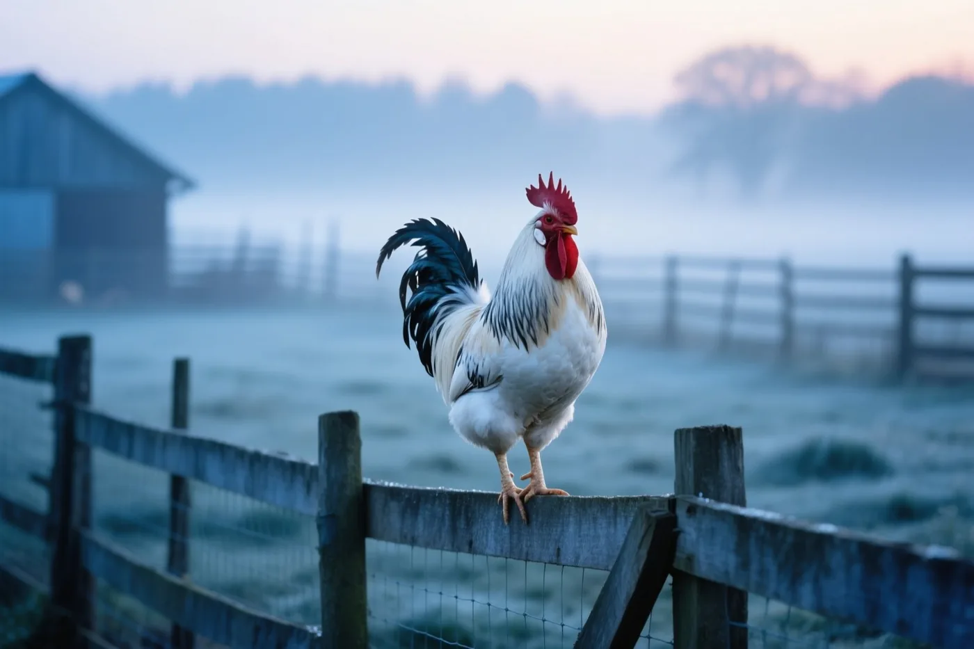 Een haan met witte en zwarte veren staat op een houten hek in een mistig boerenerf bij het ochtendgloren, in zachte blauwe en roze tinten.