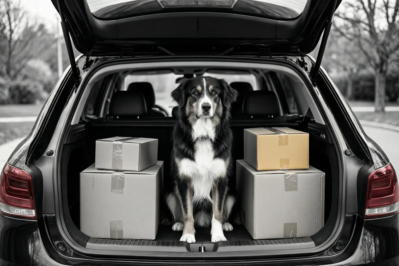 Een zwart-witte hond zit rechtop tussen verhuisdozen in de open koffer van een auto, met bomen op de achtergrond.