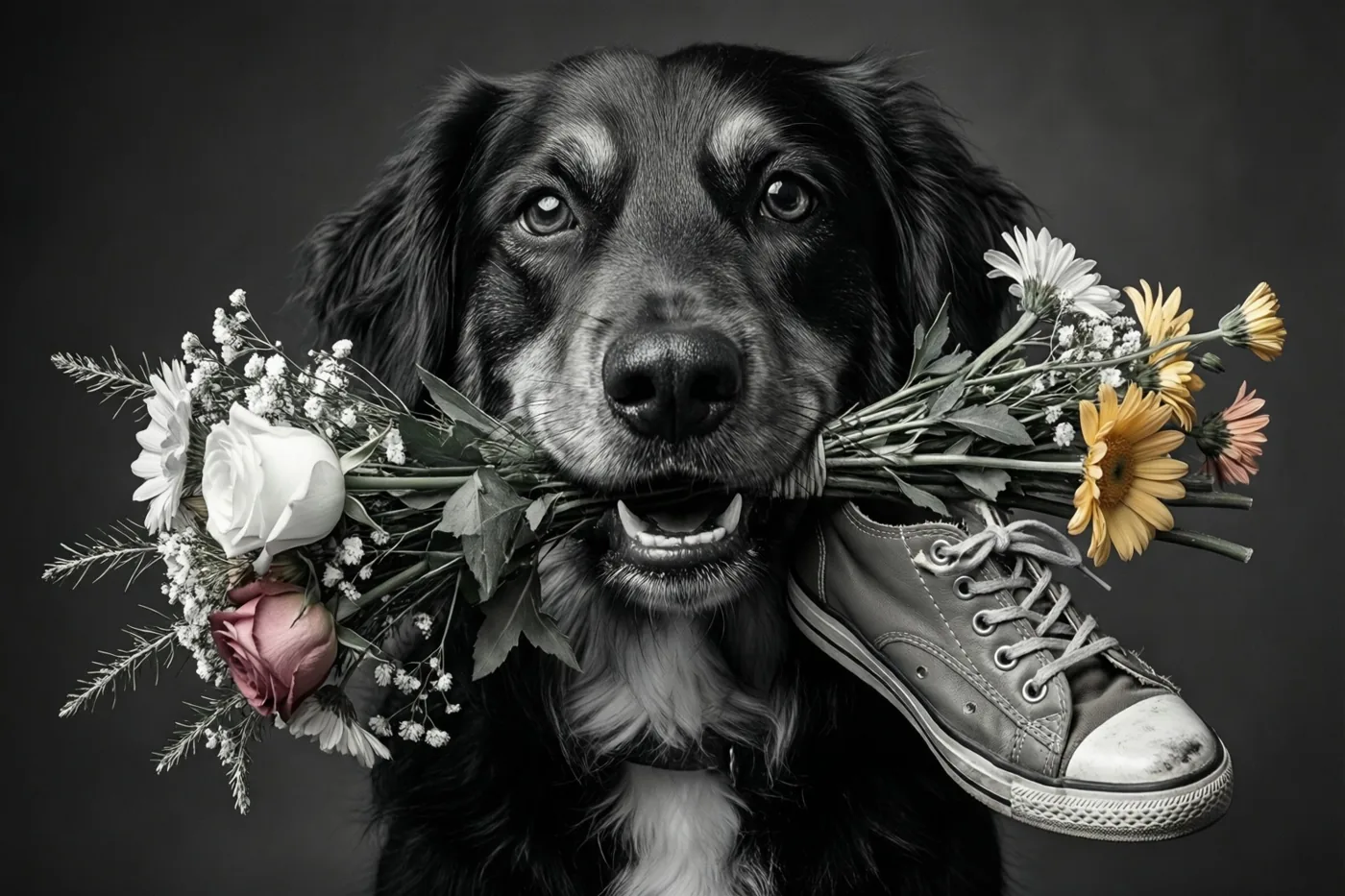 Een zwart-witte hond houdt een kleurrijk boeket in zijn bek, met een kapotgekauwde sportschoen naast zich tegen een donkere achtergrond.
