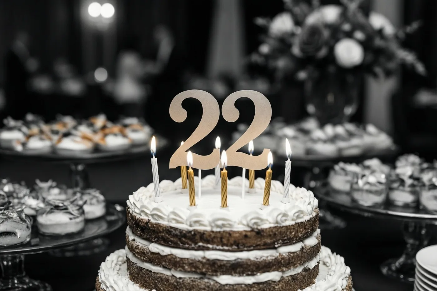 Een zwart-witfoto toont een chocoladetaart met verdiepingen en wit glazuur op een dessertbuffet, met kleur op de papieren 22 en de brandende kaarsjes.