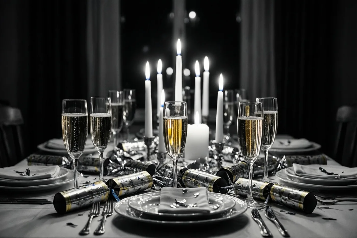 Een gedekte oudejaarstafel met champagneglazen, kaarsen en knalbonbons is in zwart-wit weergegeven, terwijl de champagne en kaarsvlammen hun gouden kleur behouden.