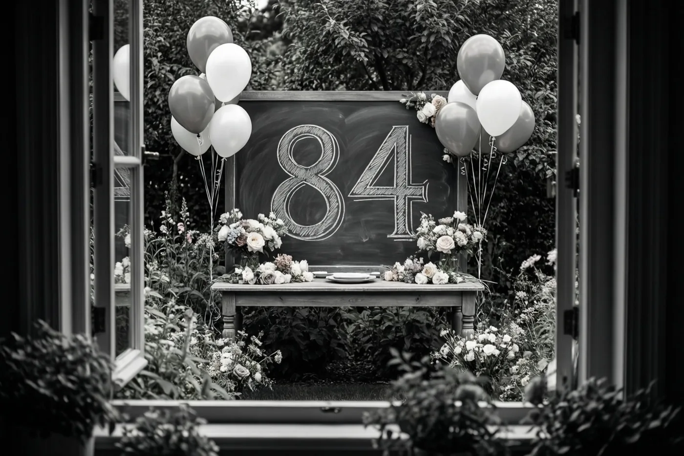 Een zwart-witfoto toont door een open raam een tuintafel met een krijtbord met 84, bloemen en ballonnen tussen weelderig groen.