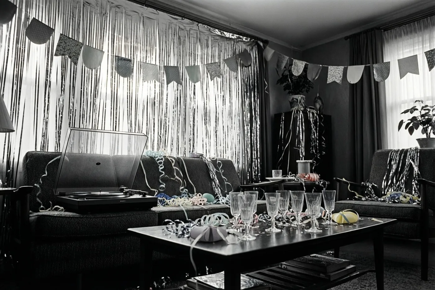 Een zwart-witfoto toont een woonkamer uit de jaren zestig met serpentines, een platenspeler op een zetel en glazen op een salontafel.