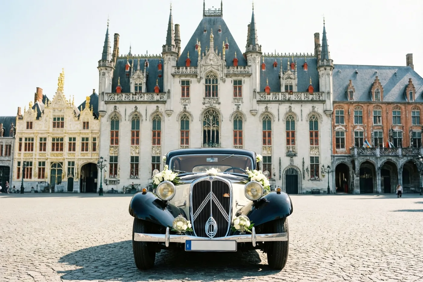 Een zwart-zilveren oldtimer met witte bloemen staat op een kasseiplein voor een sierlijk Vlaams stadhuis met witte en rode bakstenen gevels en torenspitsen onder een heldere lucht.