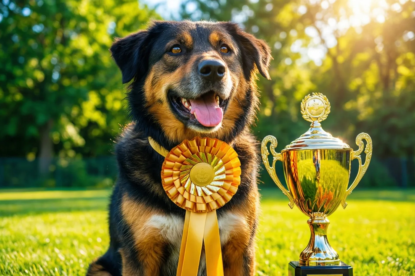 Een zwartbruine hond met een gouden rozet aan zijn halsband zit op groen gras naast een gouden beker, in warm zonlicht met een wazige groene achtergrond.