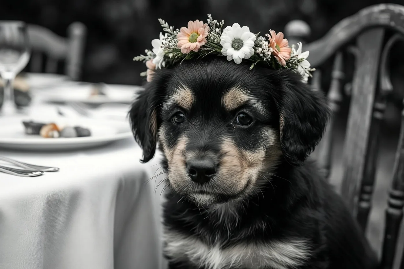 Een zwartbruine puppy met een kleine bloemenkroon zit naast een witte feesttafel in een formele eetruimte.