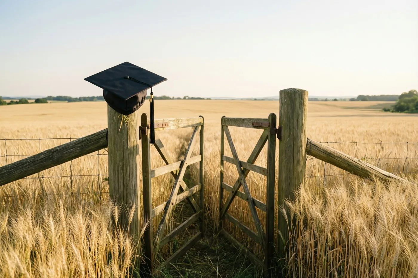 Een zwarte afstudeerhoed hangt aan een houten paal van een open hek naar een uitgestrekt gouden tarweveld onder een heldere hemel.