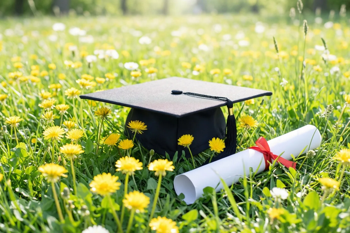 Een zwarte afstudeerhoed en een opgerold wit diploma met een rood lint liggen in een zonnige weide vol gele boterbloemen en groen gras.