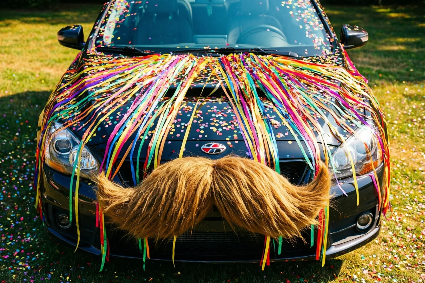 Een zwarte auto met kleurrijke serpentijnen en een grote nepsnor op de grille staat in de zon op gras met verspreide confetti.