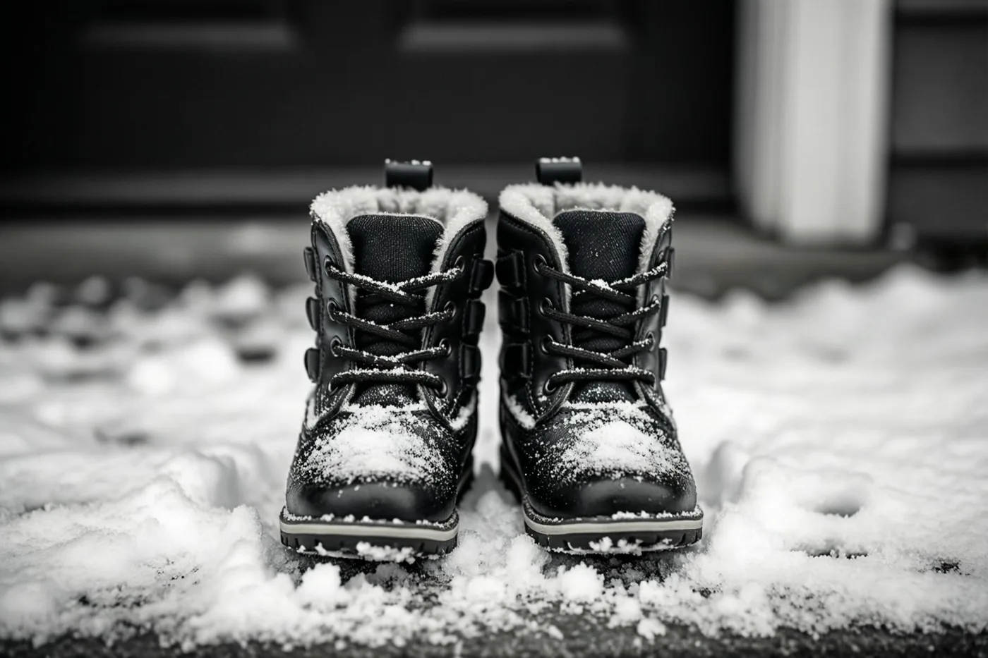 Een paar kleine zwarte babysneeuwlaarsjes met witte bontvoering staat naast elkaar op een besneeuwde drempel in een monochroom beeld.