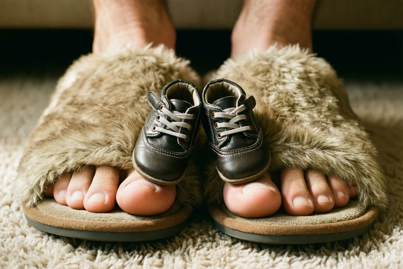 Kleine zwarte babyschoentjes balanceren op de neuzen van grote pluizige beige pantoffels op een zacht beige tapijt.