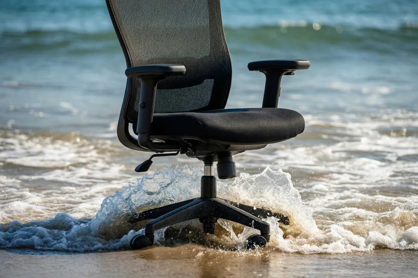 Een zwarte bureaustoel staat bij helder daglicht in het ondiepe water op een zandstrand, met golven rond de voet en een rustige zee op de achtergrond.