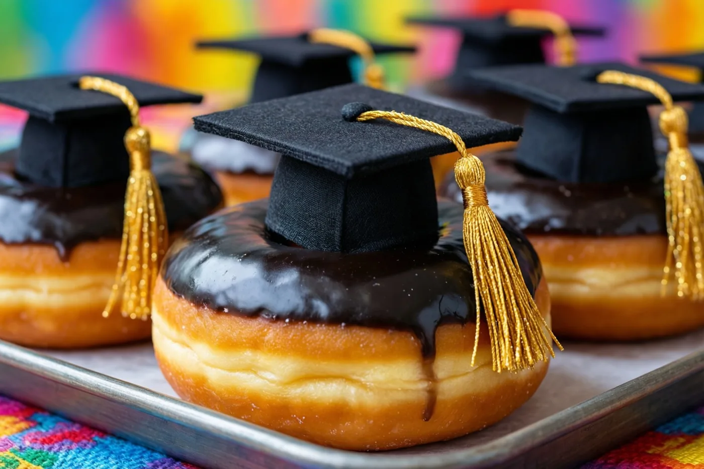 Donuts met glanzend zwart glazuur en kleine afstudeerhoedjes met gouden kwastjes liggen op een metalen dienblad tegen een kleurrijke wazige achtergrond.