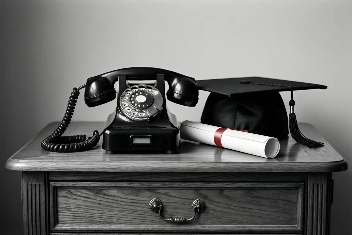 Een zwarte telefoon met draaischijf staat naast een afstudeerhoed en een opgerold diploma op een houten dressoir in een monochroom beeld.