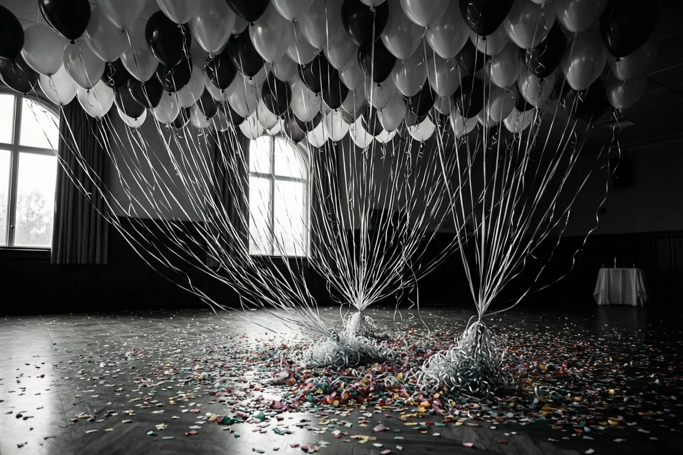 In een lege feestzaal bij dageraad liggen leeggelopen zwarte en witte ballonnen, verwarde slingers en confetti in een hoek, met wat kleur in de verder vrijwel monochrome scène.