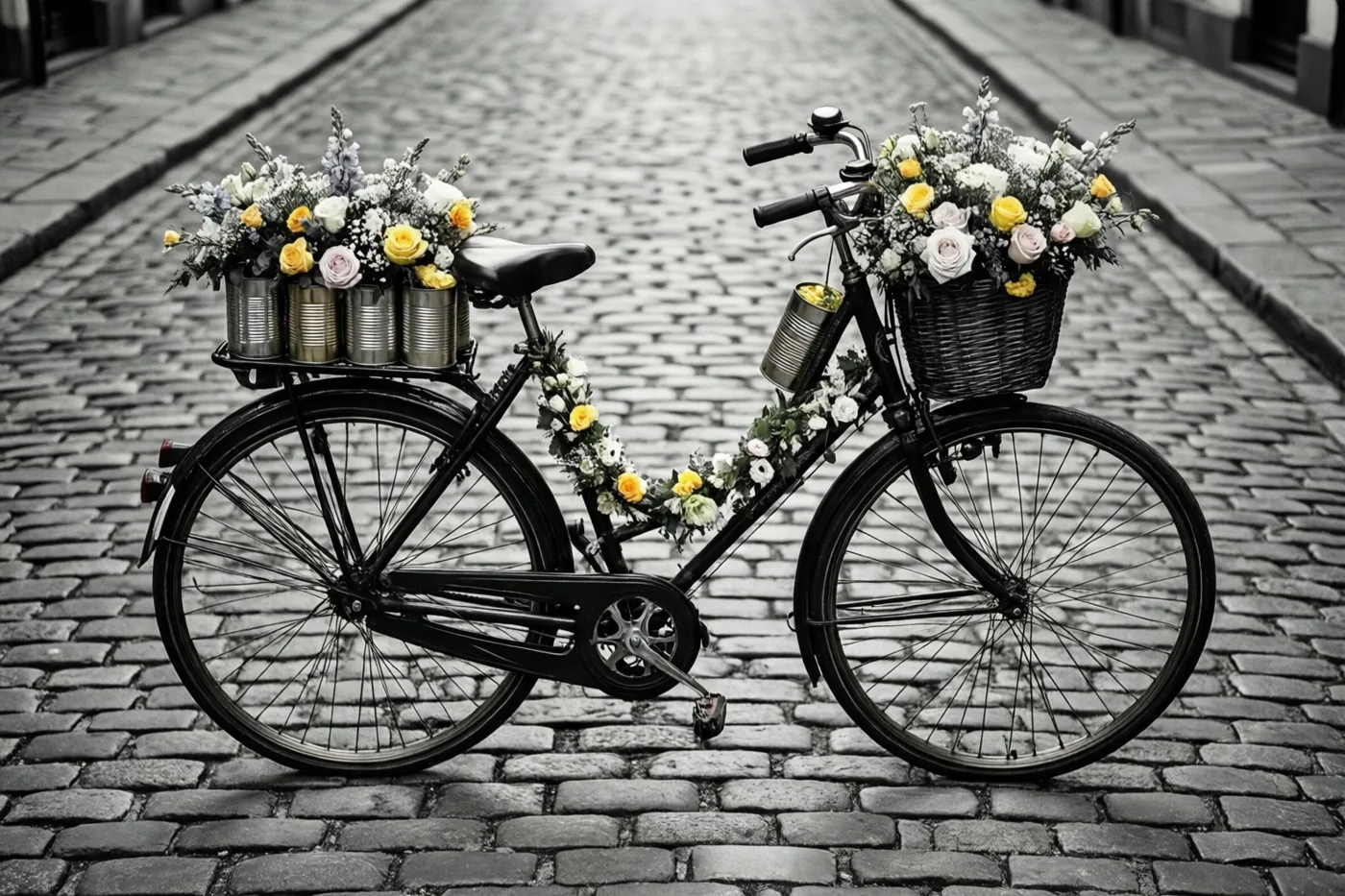 Een zwarte fiets met gele, witte en roze bloemen in blikken en een mand staat op een kasseistraat, met de bloemen in kleur tegen een zwart-witte omgeving.