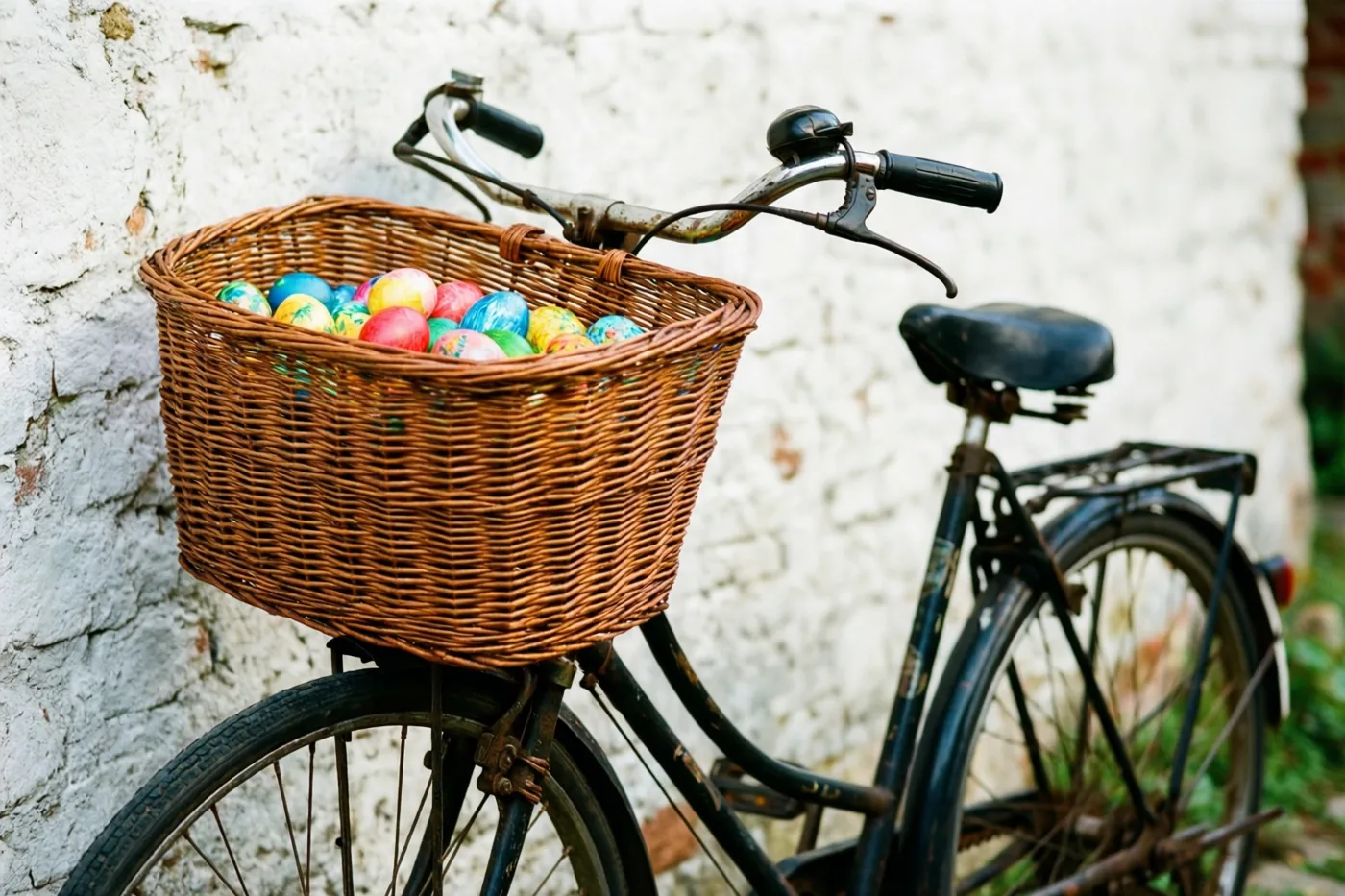 Een oude zwarte fiets met een rieten mand vol kleurrijk beschilderde eieren staat tegen een witgekalkte muur met zichtbare structuur, in zachte verbleekte filmtinten.