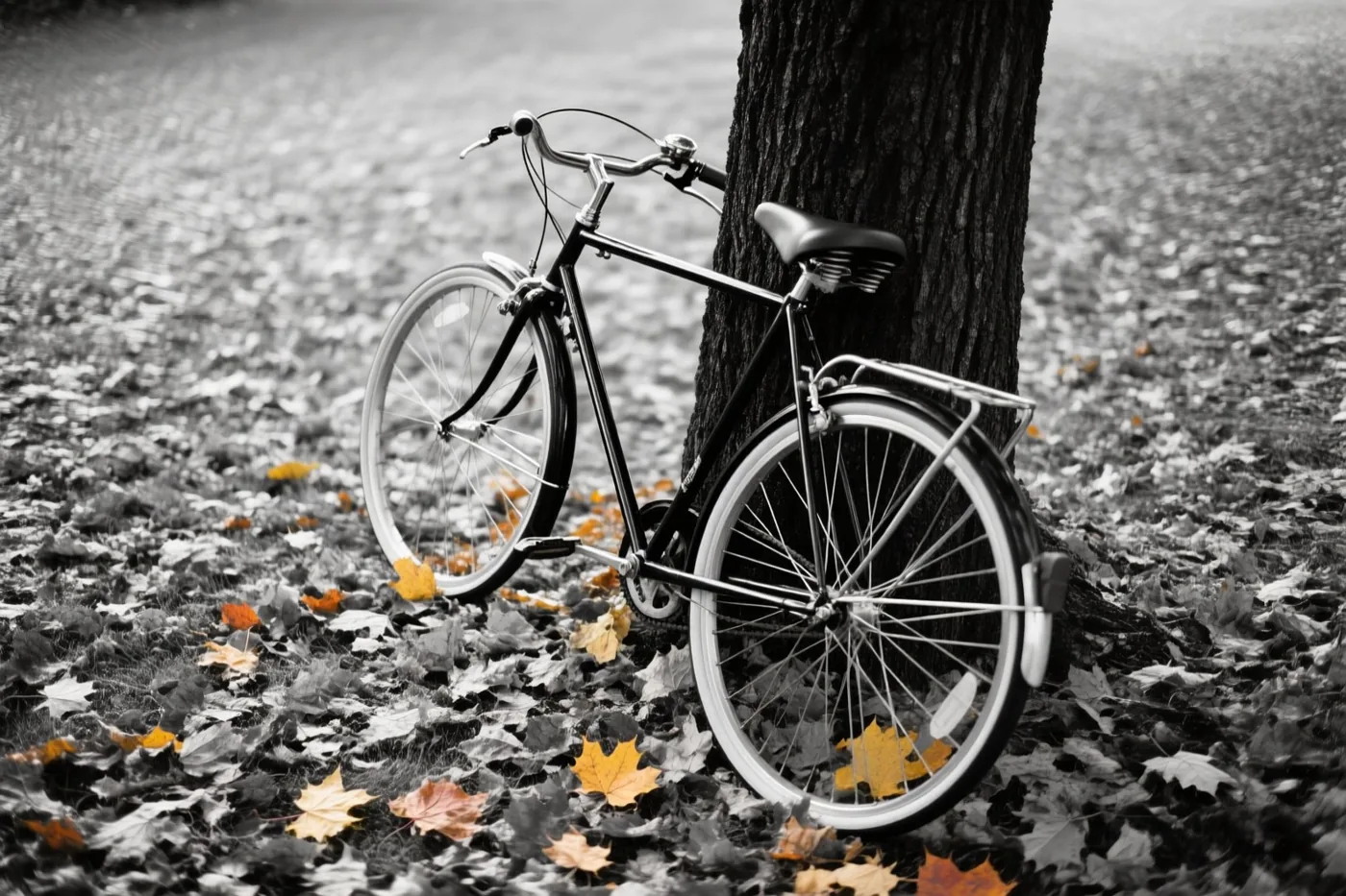 Een zwarte fiets leunt tegen een boom in een park op een zwart-witbeeld waarin enkele oranje en gele bladeren hun kleur behouden.
