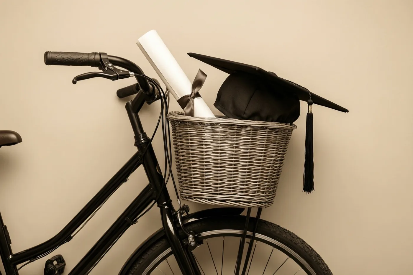Een zwarte fiets met een rieten mand met daarin een opgerold diploma en een afstudeerhoed staat tegen een effen muur in sepiatinten.