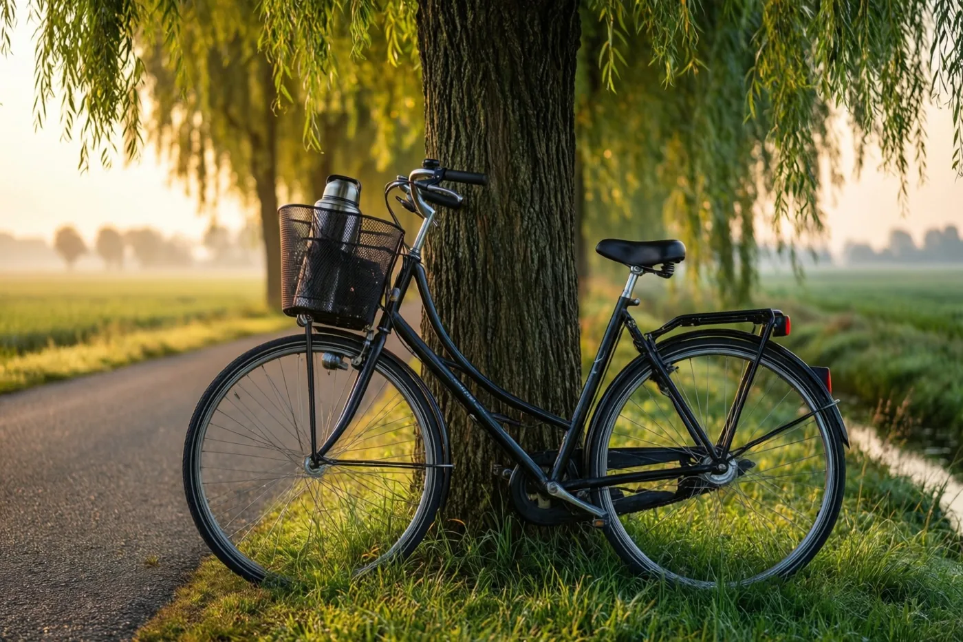 Een zwarte fiets met een thermos in de mand leunt bij zonsopgang tegen een knotwilg langs een polderweg, met groen gras en een mistig veld op de achtergrond in warm gouden licht.