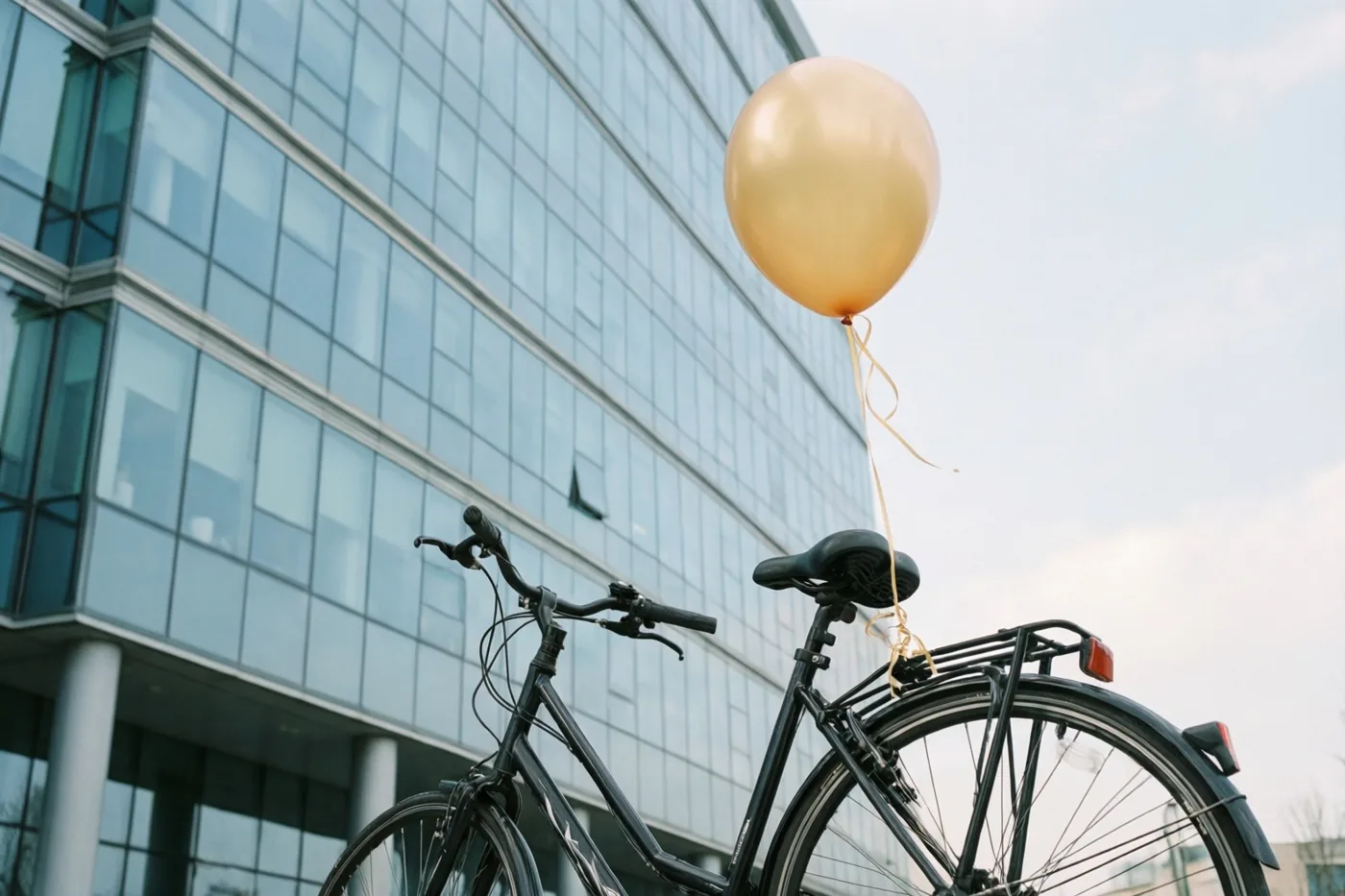 Een zwarte fiets met een gouden ballon aan de bagagedrager staat voor een modern glazen kantoorgebouw onder een bleke hemel.