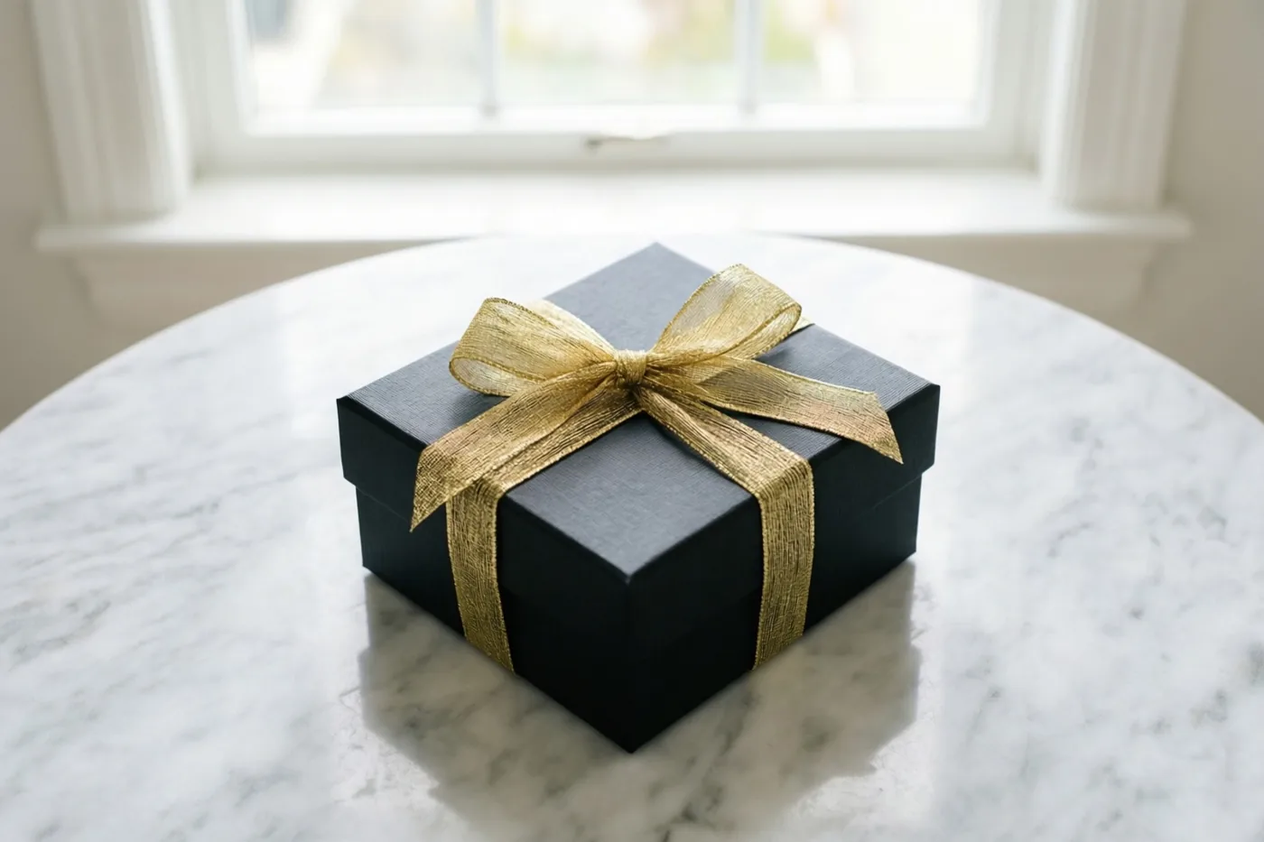 Een zwarte geschenkdoos met een gouden lint staat op een witte marmeren tafel, met zacht daglicht van een raam op de achtergrond.