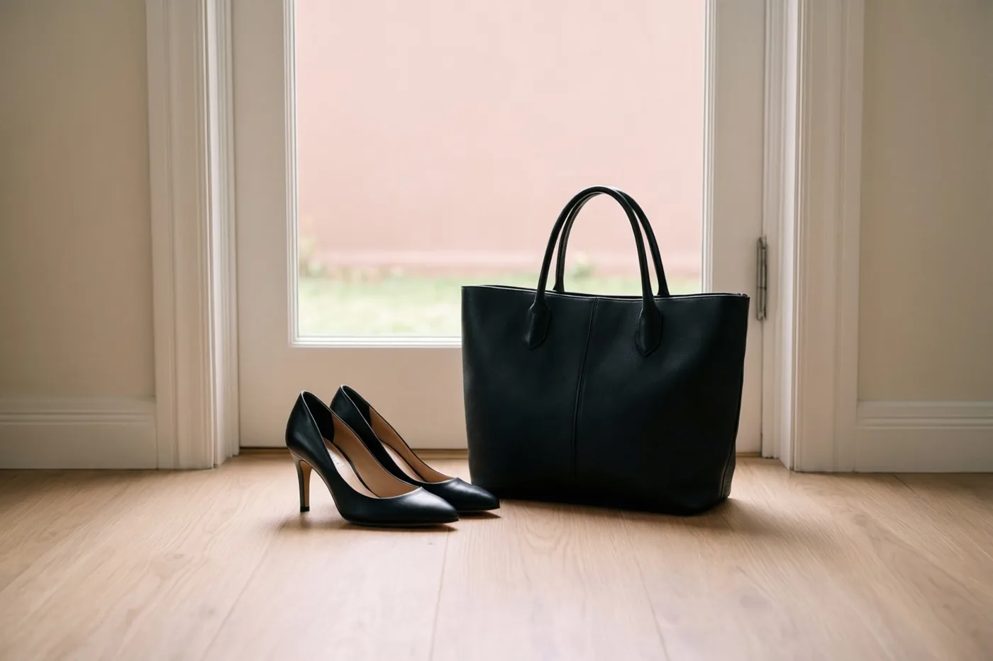 Zwarte schoenen met hoge hakken en een zwarte leren draagtas staan op een lichte houten vloer naast een deur met een witte omlijsting, in zacht daglicht.