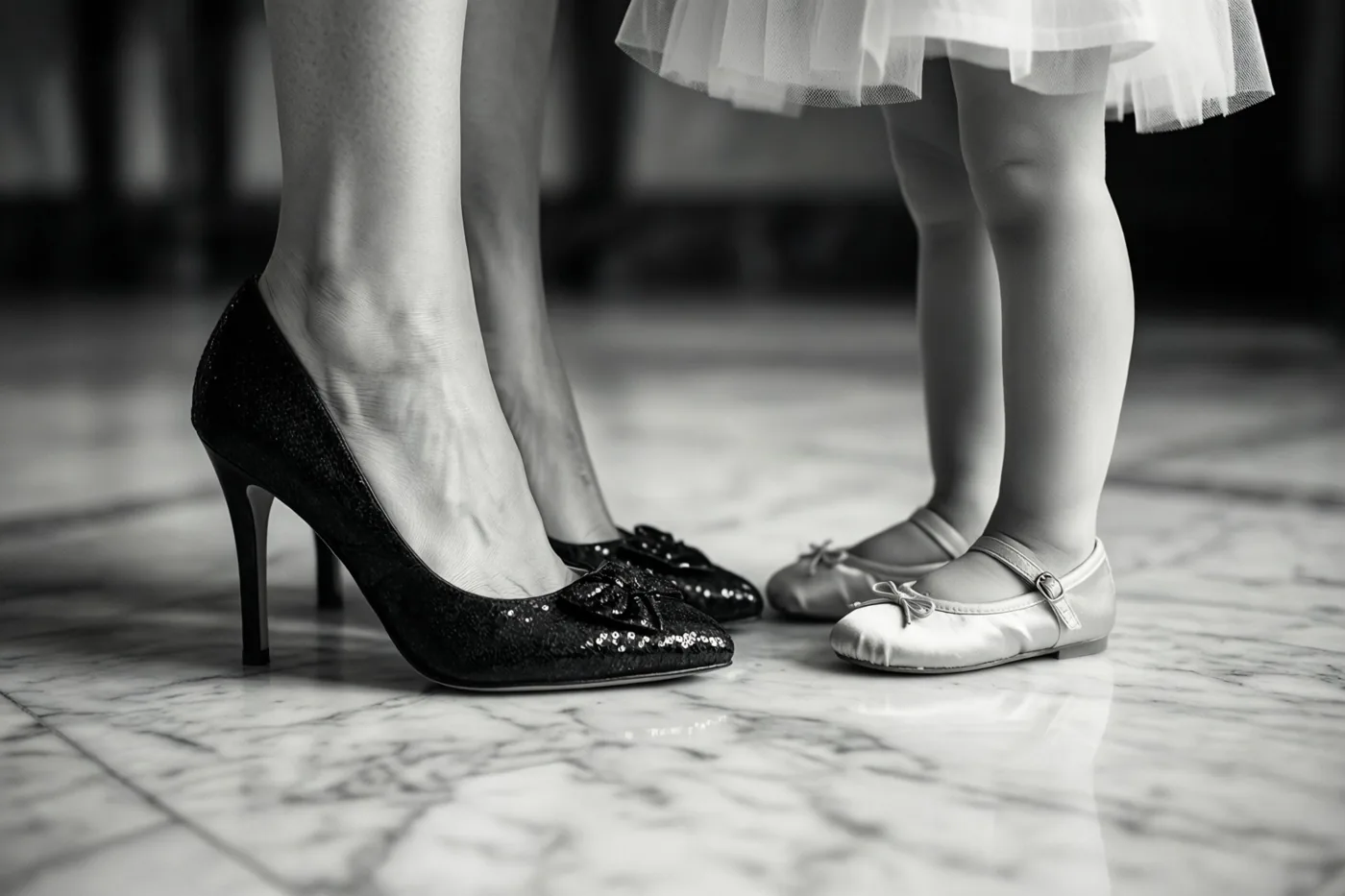 Een zwart-witdetailfoto toont zwarte hoge hakken van een vrouw en kleine witte kinderballerina's naast elkaar op een gepolijste marmeren vloer.
