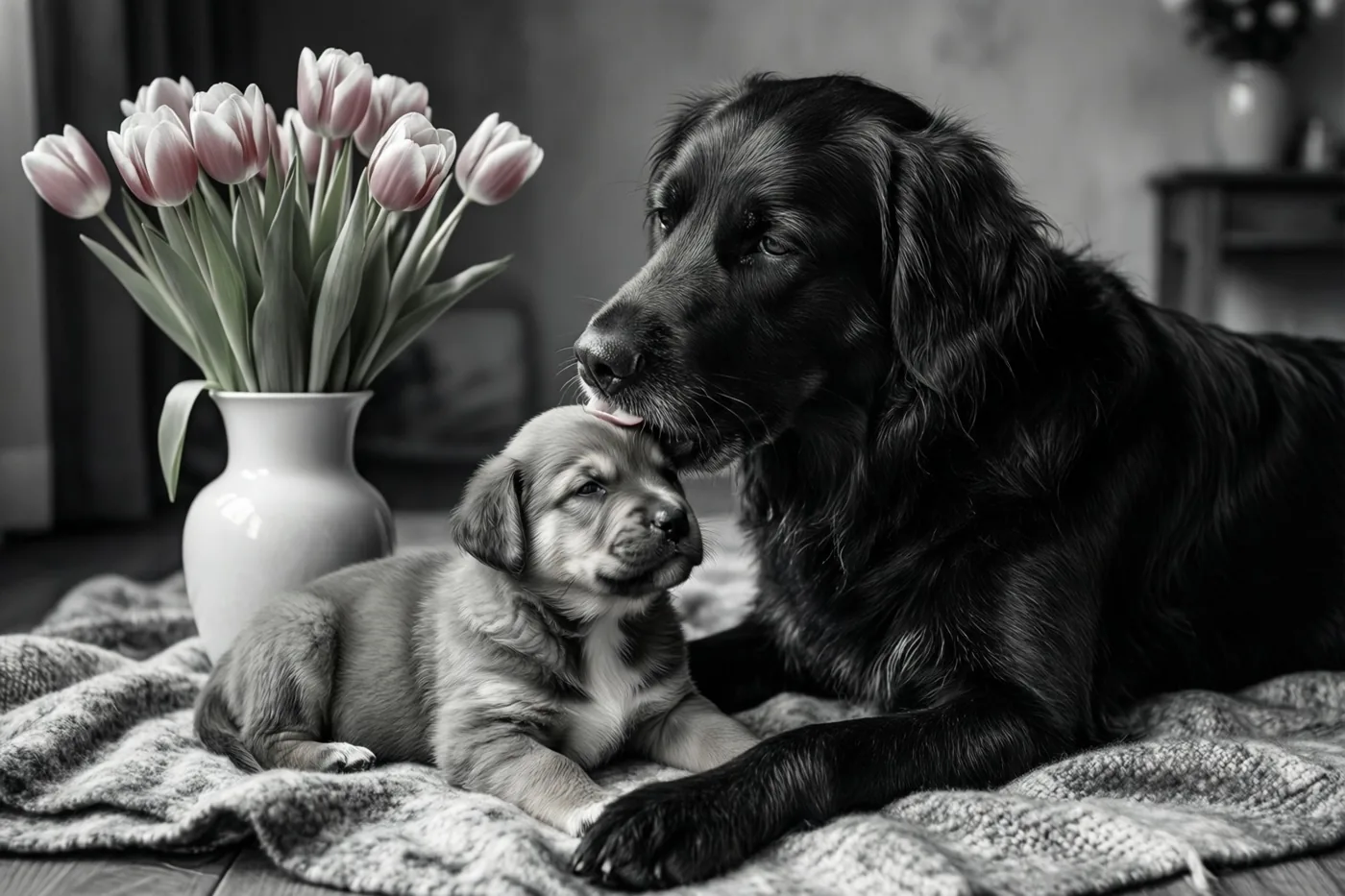 Een zwarte moederhond likt het hoofd van een kleine puppy op een deken met structuur, binnenshuis naast een vaas roze tulpen.