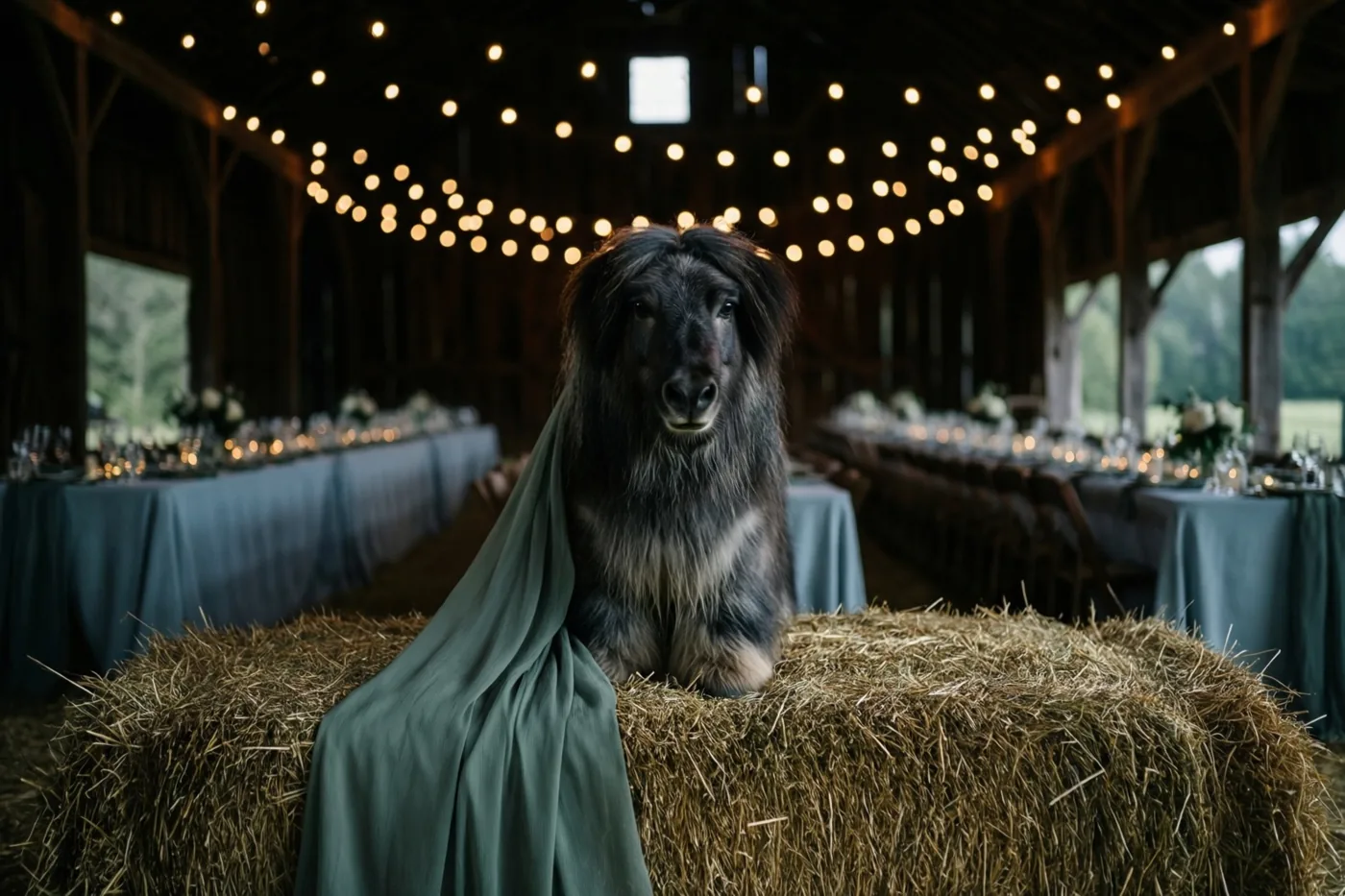 Een langharige zwarte hond zit op een hooibaal met een groene doek in een schuur die voor een huwelijk is ingericht, met lichtslingers en lange tafels met blauwe tafelkleden.