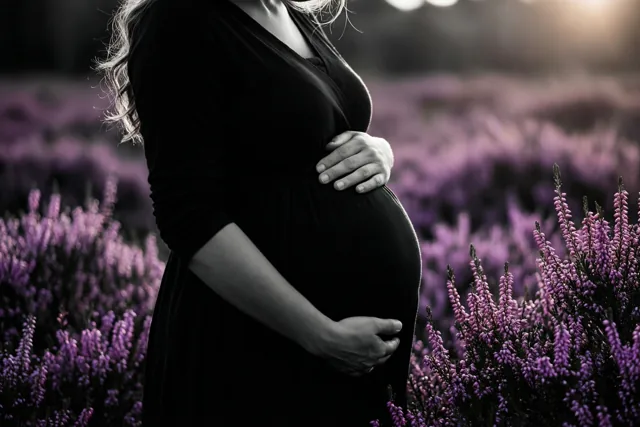 Een zwangere vrouw in een zwarte jurk staat met haar handen om haar buik in een veld paarse heide, met zacht licht en een warme gloed op de achtergrond.