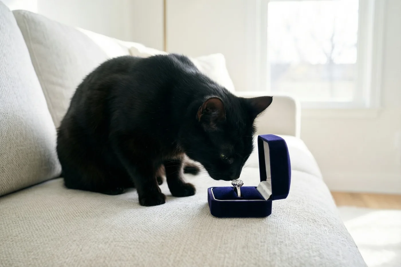 Een zwarte kat snuffelt aan een open blauw fluwelen doosje met een diamanten ring met één steen op een licht zetelkussen, met zacht daglicht van een raam op de achtergrond.