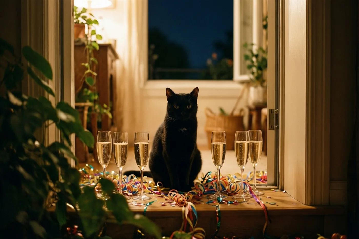 Een zwarte kat zit op een vensterbank tussen champagneglazen en kleurrijke slingers en kijkt de nacht in, met warm binnenlicht en groene planten rondom.