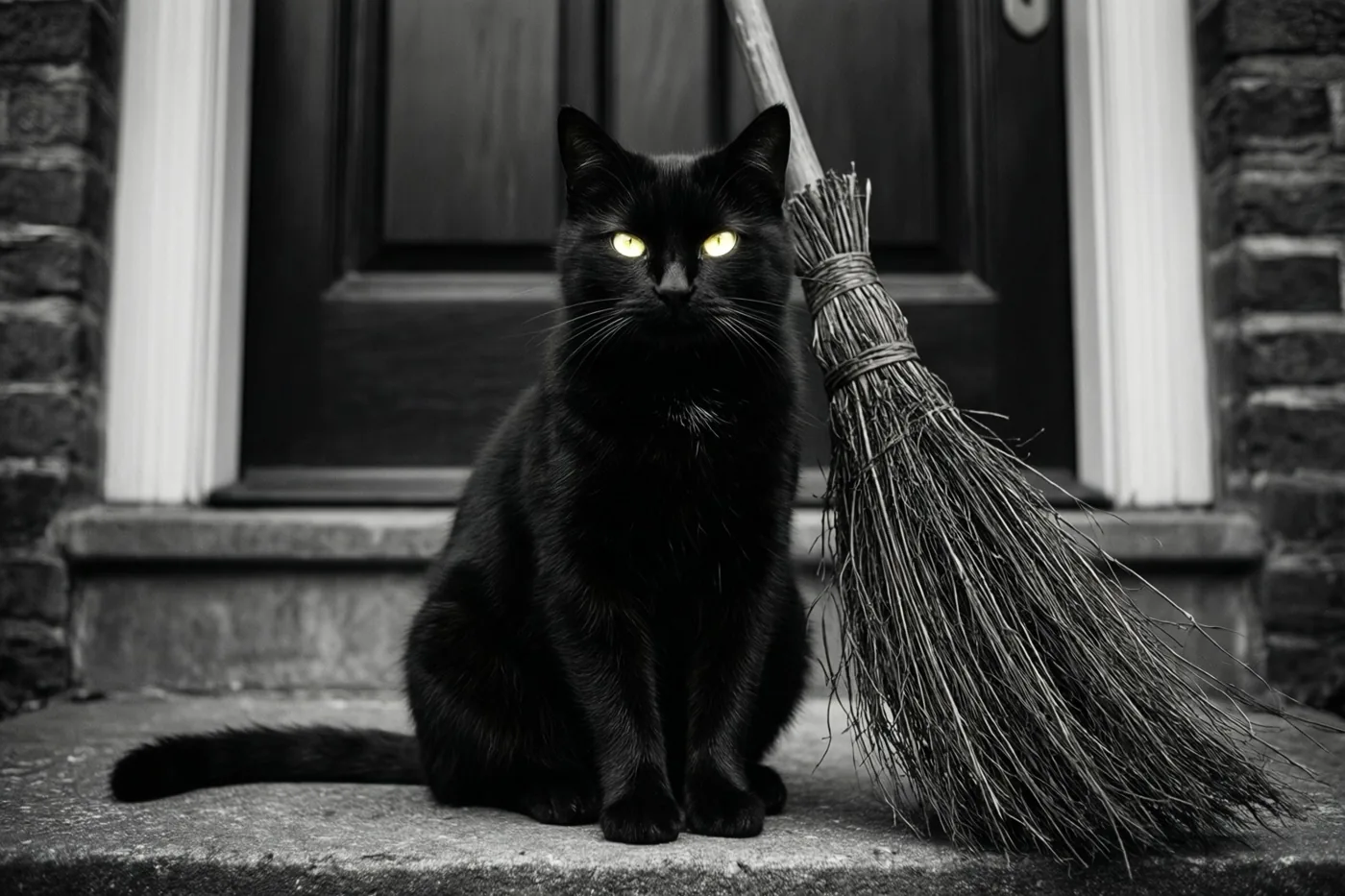 Een zwarte kat met felgele ogen zit op een betonnen drempel naast een heksenbezem in een verder zwart-witbeeld.