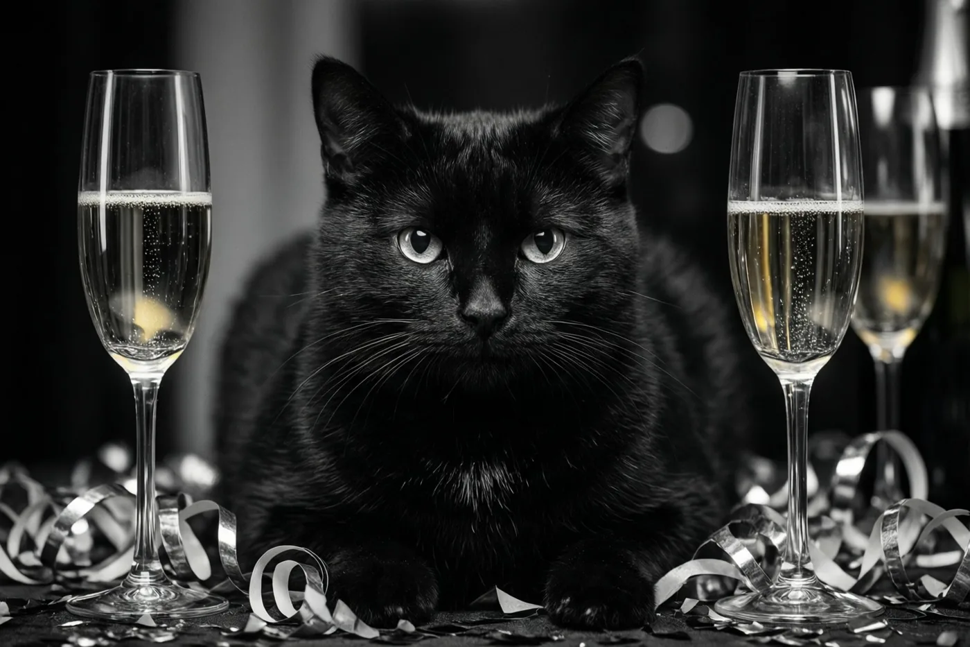 Een zwarte kat zit op een donkere ondergrond tussen champagneglazen en zilveren slingers in een contrastrijk zwart-witbeeld.