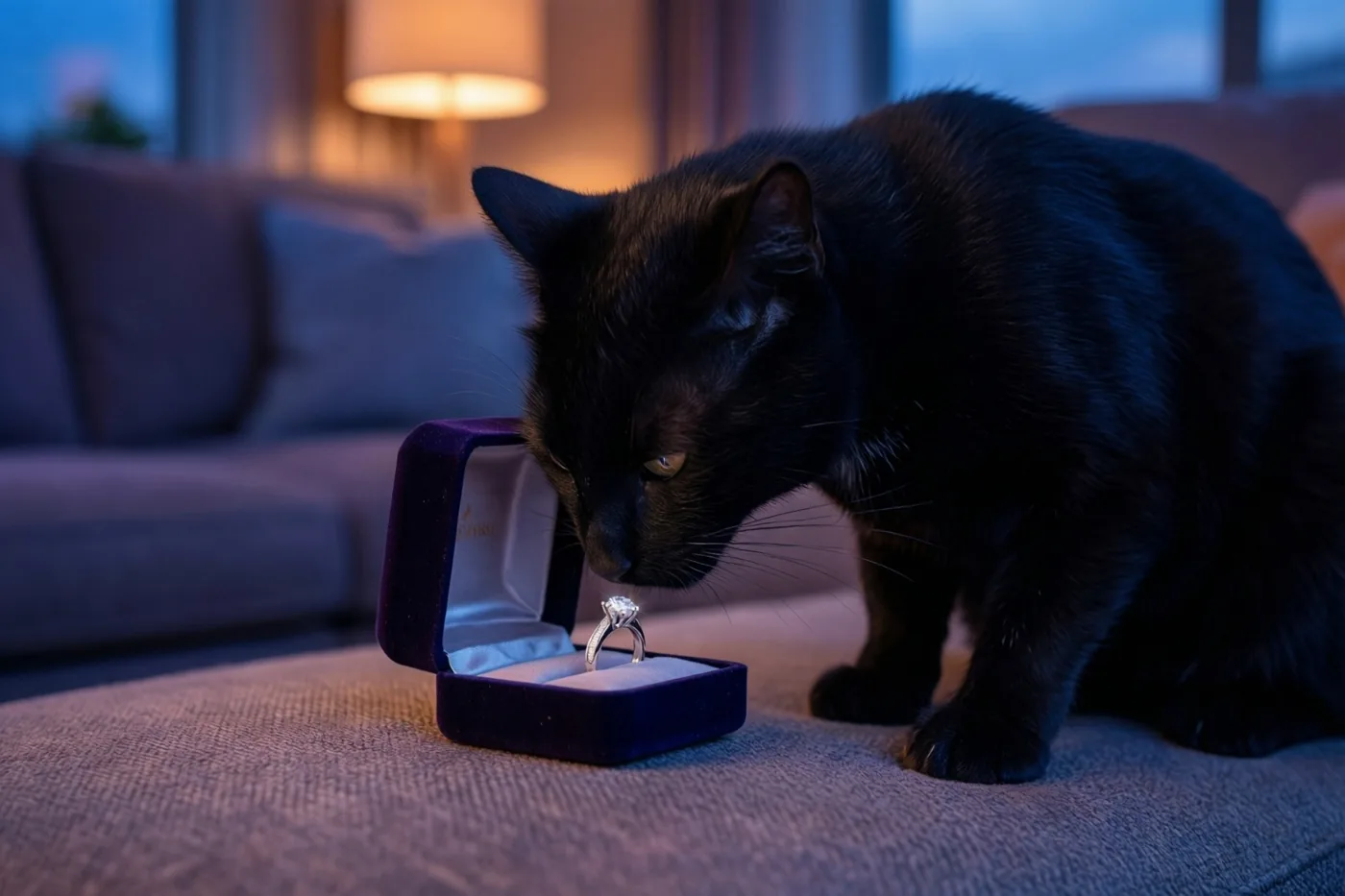 Een zwarte kat snuffelt aan een open paars fluwelen doosje met een ring met één steen op een zetelkussen in een schemerige kamer.