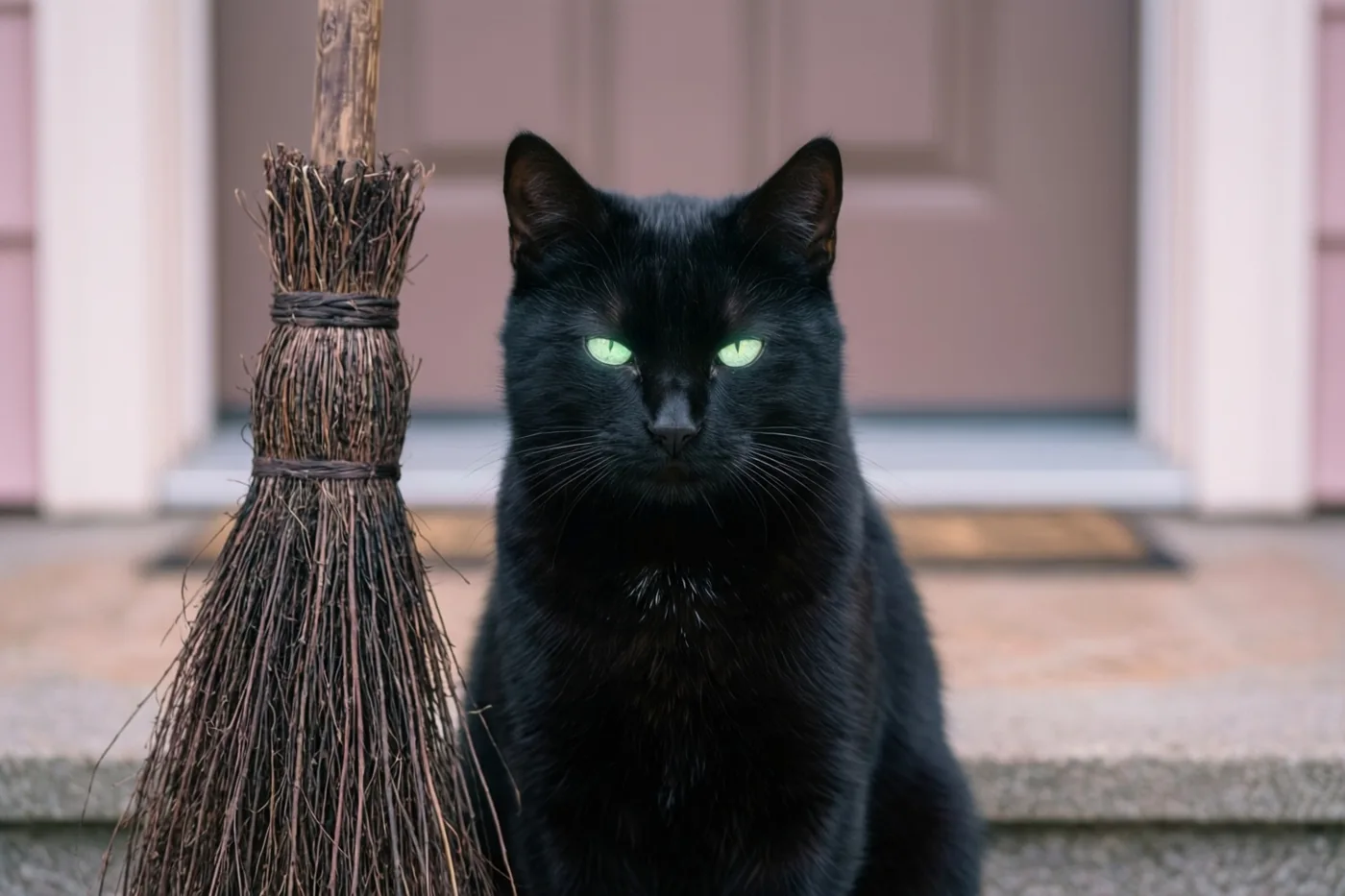 Een zwarte kat met felgroene ogen zit op een stenen drempel naast een heksenbezem voor een roze deur met witte omlijsting.