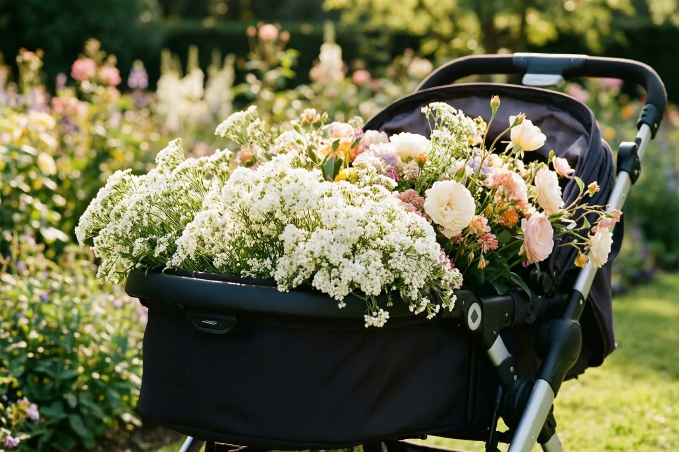 Een zwarte kinderwagen vol witte en pastelkleurige bloemen staat in een zonnige tuin met een onscherpe bloemenachtergrond.
